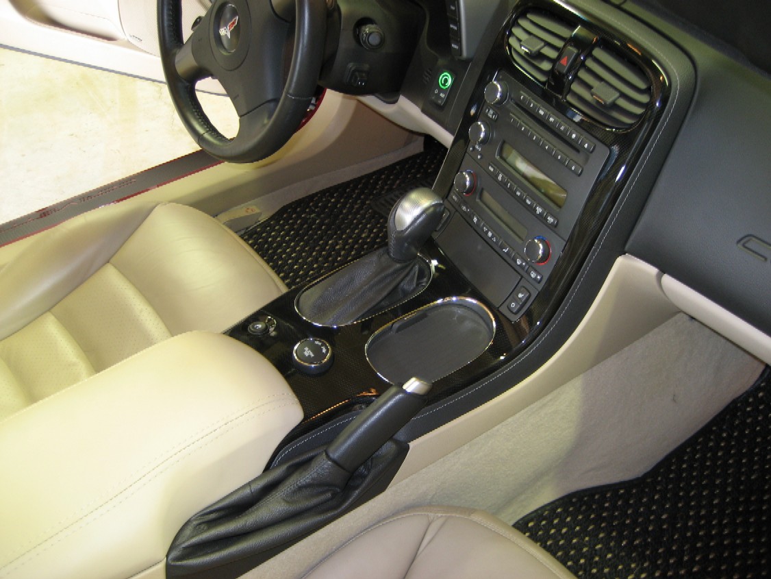 2008+ Black Carbon Fiber w/ Leather Trim Console Bezel, C6 Corvette